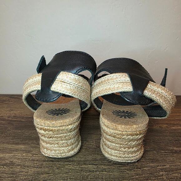 UGG Black Leather Wedge Sandals Espadrille Platform Ankle Strap Women’s 8 - Picture 2 of 7
